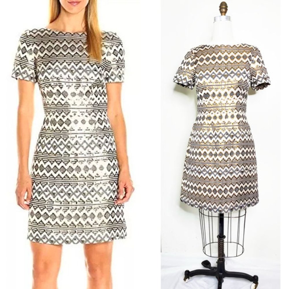 Vince Camuto Womens Metallic Jacquard Geometric Sheath Dress Pockets 4